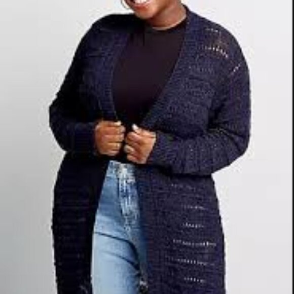 NWT Lane Bryant Fringed Navy Open-Knit Cardigan Soft Long Duster Size 18/20 Plus - Picture 2 of 9
